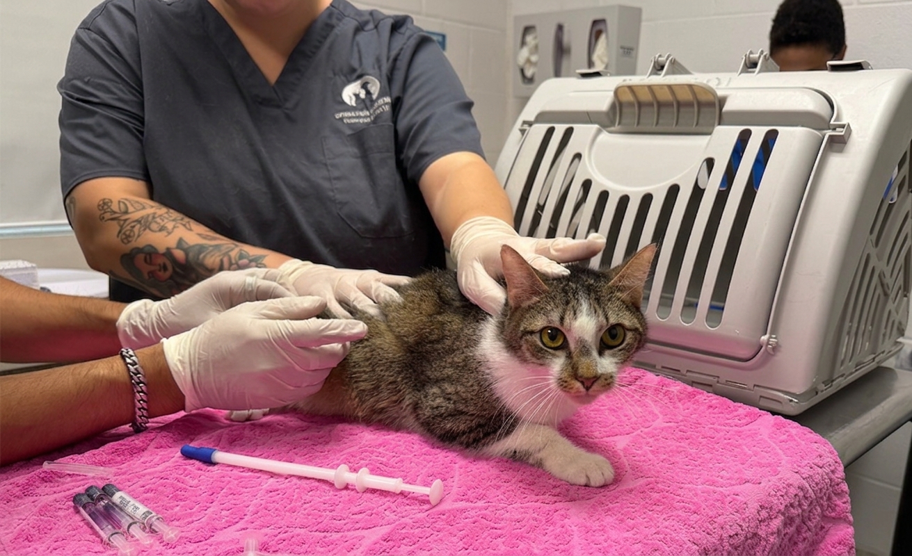 Brown and white cat being examined by medical staff.