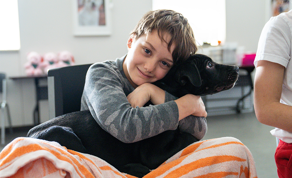 Child hugging a shelter dog