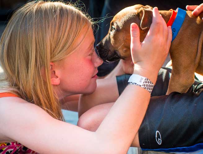 Little girl with puppy adopted from Operation Kindness at an adoption event | North Texas' Leading No-Kill Animal Shelter